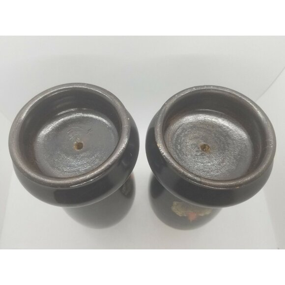 1950's Japanese Black Laquer Over Wood Vases Interior Liners Hand Painted Pair - Picture 12 of 12